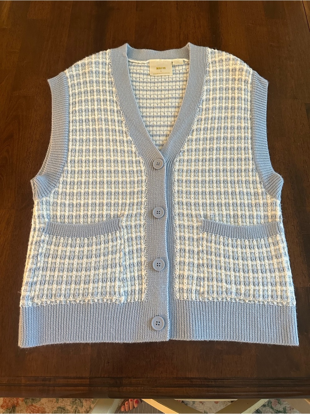 Anthropologie Light Blue & White Knit Button-Front Sweater Vest